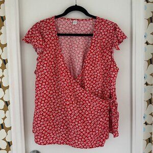 Red Floral Flutter Sleeve Top